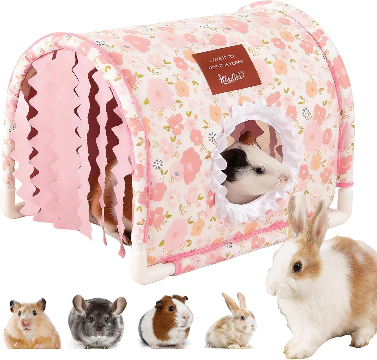 Guinea Pig Hideout Bottomless Guinea Pig Tunnel with Curtain | Large Guinea Pig Hide Washable Small Animal Tunnel Hide Guinea Pig Accessories for Dwarf Rabbit/hamster/ferret (Pink, Large)