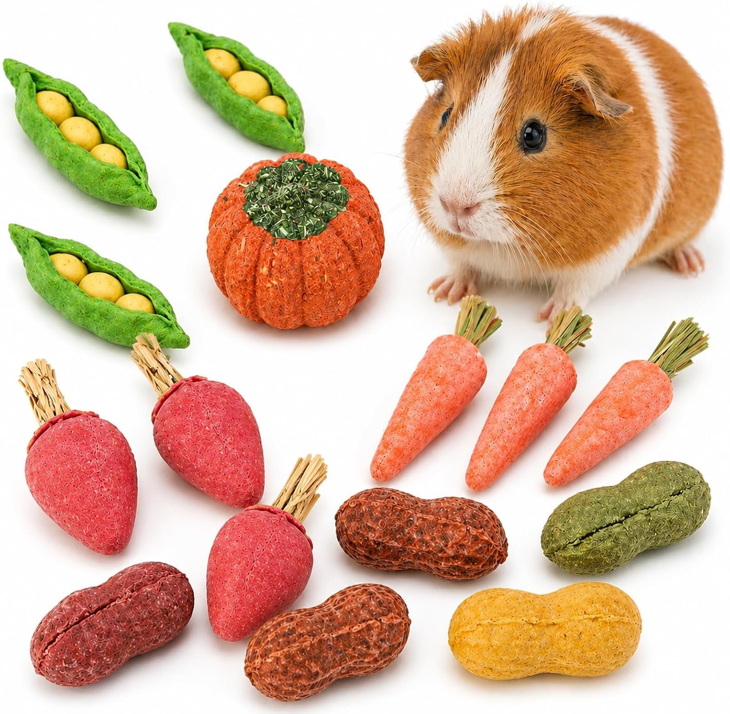 15Pcs Guinea Pig Chew Toys, Hamster Toys Prevent Excessive Teeth Growth | Natural Vegetables Carrot & Timothy Grass for Guinea Pig Rabbit Chinchillas Gerbil