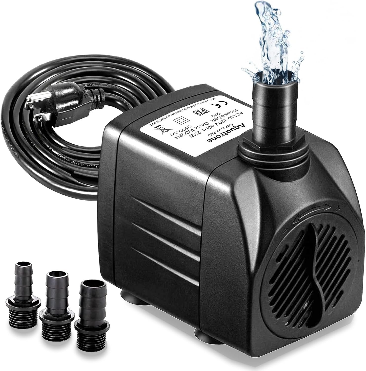 400GPH Submersible Pump 25W – Ultra Quiet Fountain Water Pump, 1500L/hr, 6.56ft High Lift, 3 Nozzles – Submersible Water Pump for Aquarium, Fish Tank, Pond, Hydroponics, Statuary (Compact 400GPH)