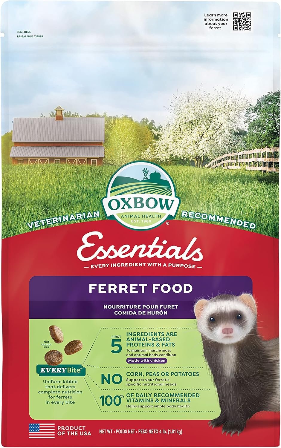 Oxbow Essentials Ferret Food, Rich in Animal-Based Protein & Fat, 4 lb | Ferret, High Protein & Fat, Animal-Based Protein, Ferret Kibble, Made in USA, No Corn, Peas Or Potatoes, Vet Recommended