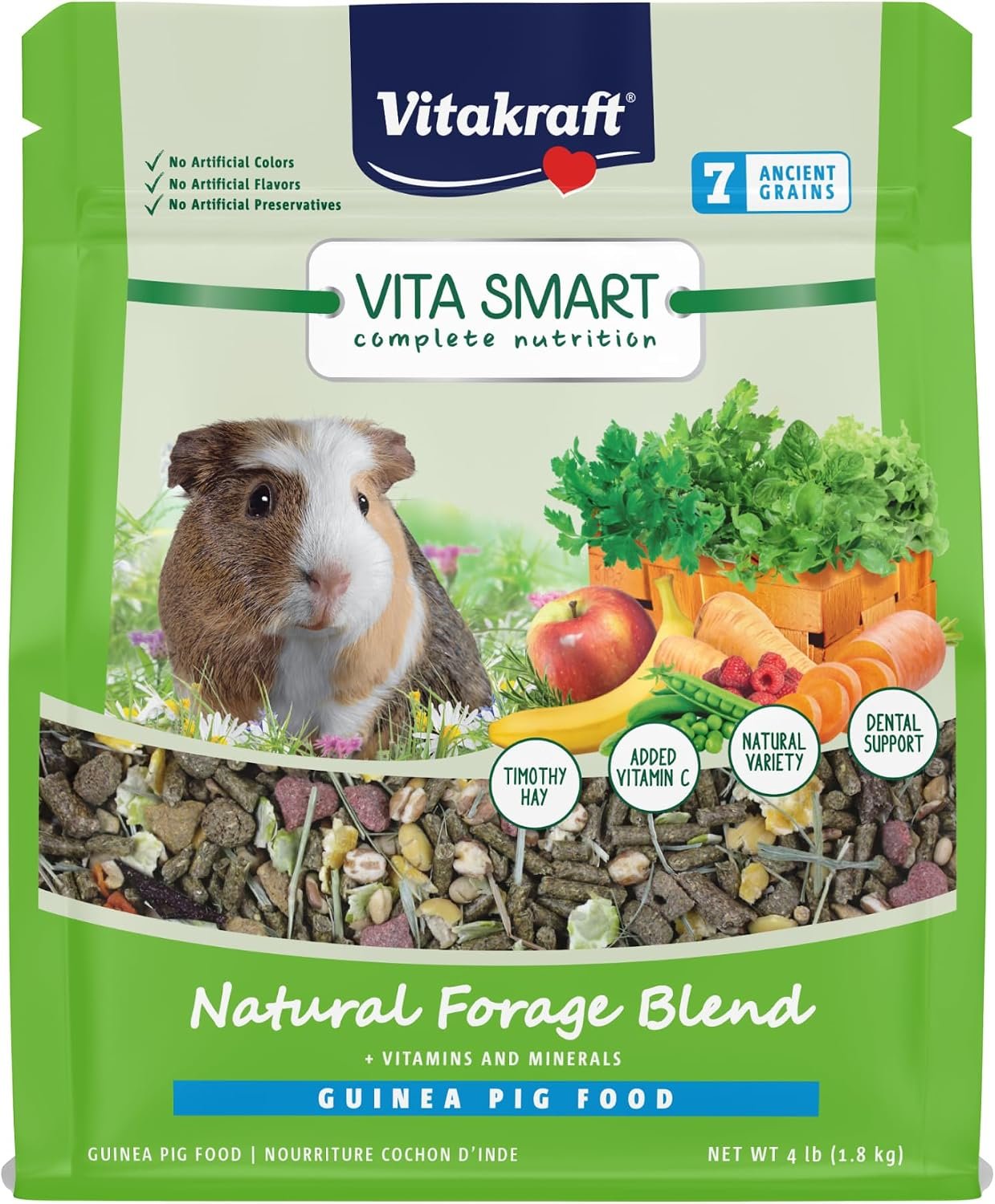 Vitakraft Vita Smart Guinea Pig Food – 4 lbs Bag – High Fiber Timothy Hay – with Vitamins Minerals, Probiotics for Engaging Foraging and Daily Nourishment – Includes Fruits, Vegetables and Vitamin C