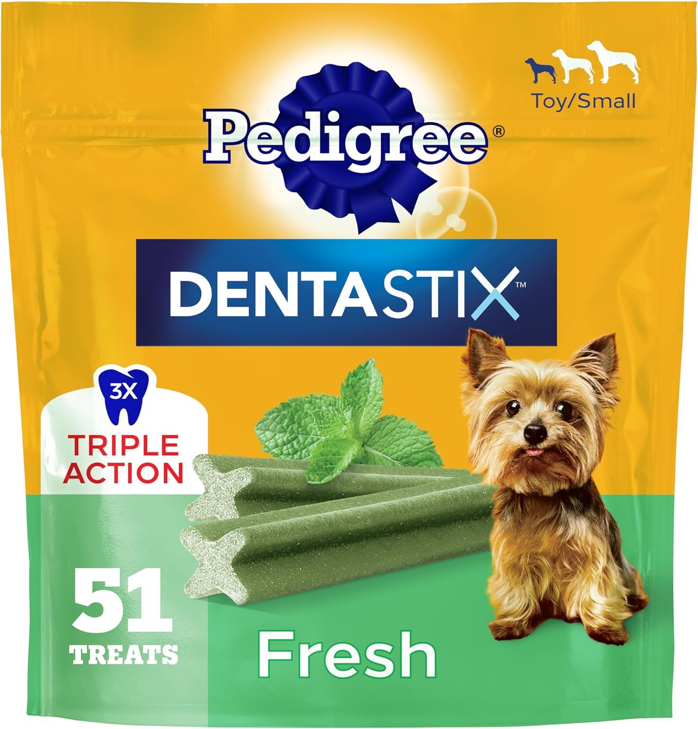 Pedigree Dentastix Small & Toy Breed Dental Dog Treats, Fresh, 51 Count | Triple action dental care, reduces tartar, cleans teeth, freshens breath, for dogs 7-22 lbs, no added sugar/fillers