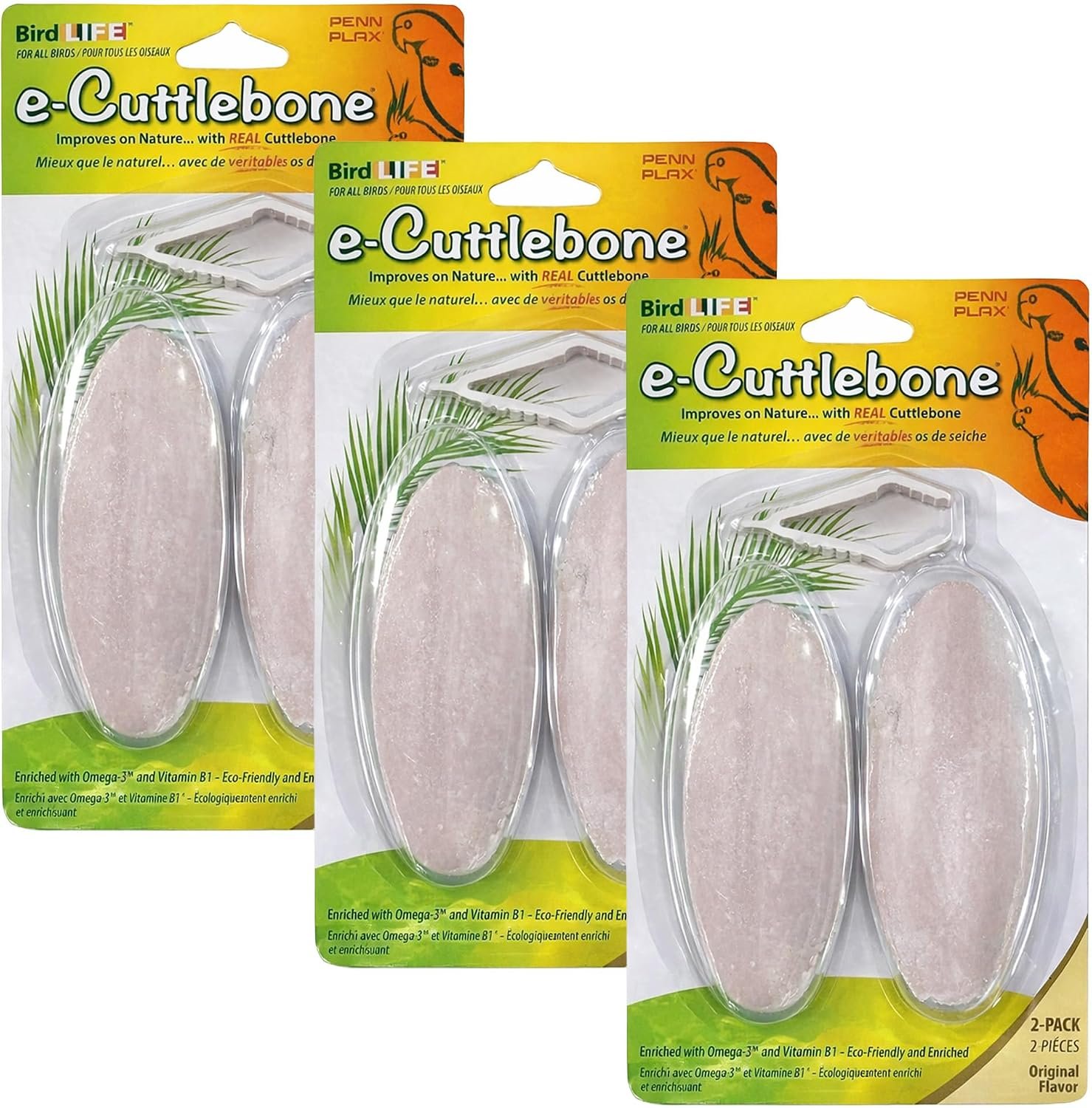 Penn-Plax Bird-Life E-Cuttlebone Original, 3 Pk (2 Count Each) – Durable, Less Brittle Cuttlebones Enriched with Omega 3, Honey & Vitamin B1 -Easy Mounting, Cage Clip – Great for All Bird Sizes -White