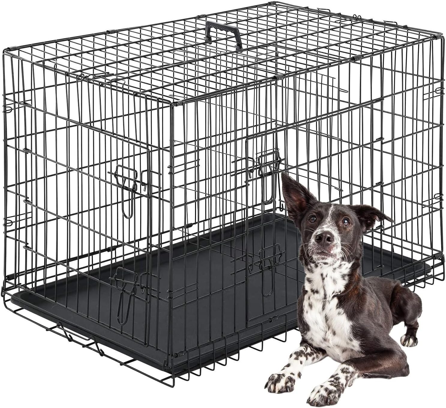 FDW Dog Crate for Large Dogs 42 Inch Folding Metal WirePet Cage Double Door W/Divider Panel Indoor Outdoor Kennel Leak-Proof Plastic Tray,Black | Heavy Duty, Portable Wire Kennel with Double Door, Divider & Leak-Proof Tray | For Training, Home, Travel Indoor/Outdoor Use