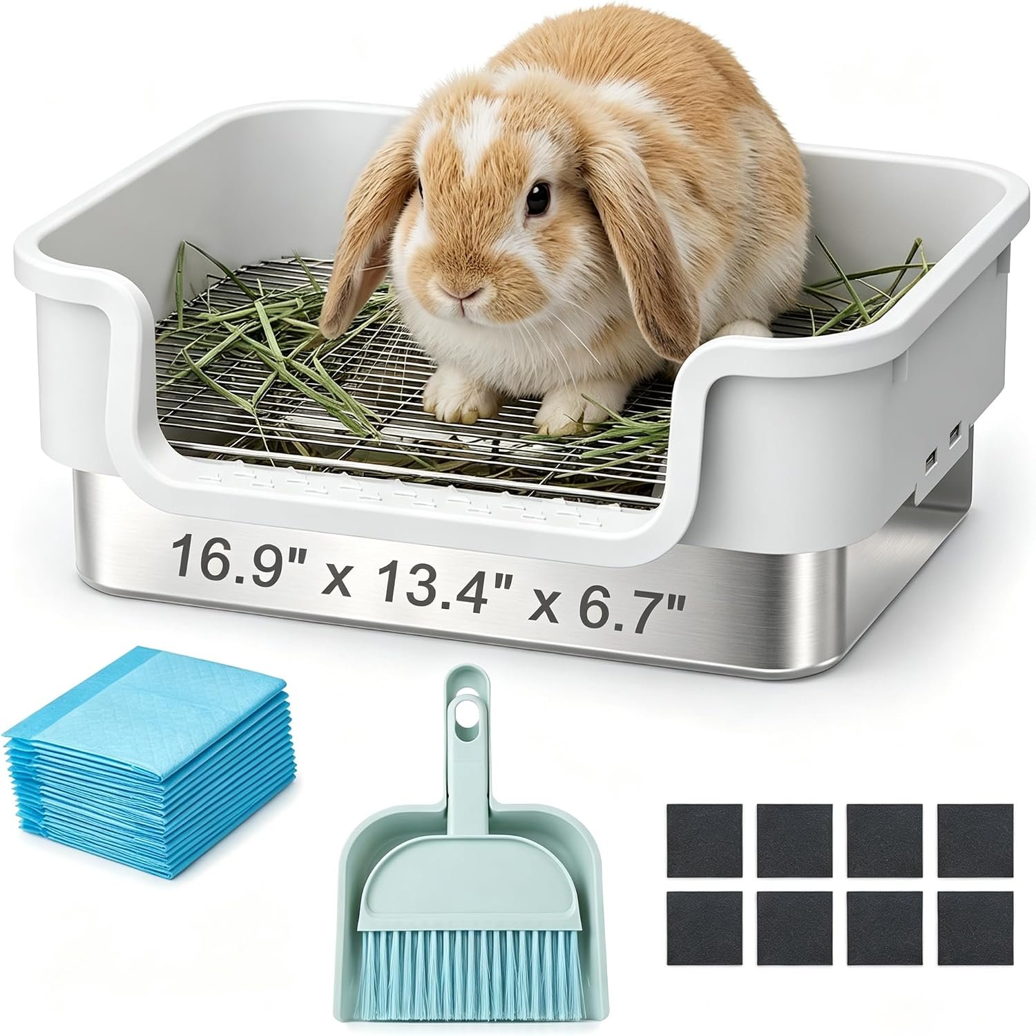 Stainless Steel Sifting Litter Box for Rabbit, Bunny, 16.9×13.4×6.7 inch | Raised Border, Split Double-layer, Metal Grate, Easy Clean, Extra-Large Space For Guinea Pig, Ferret