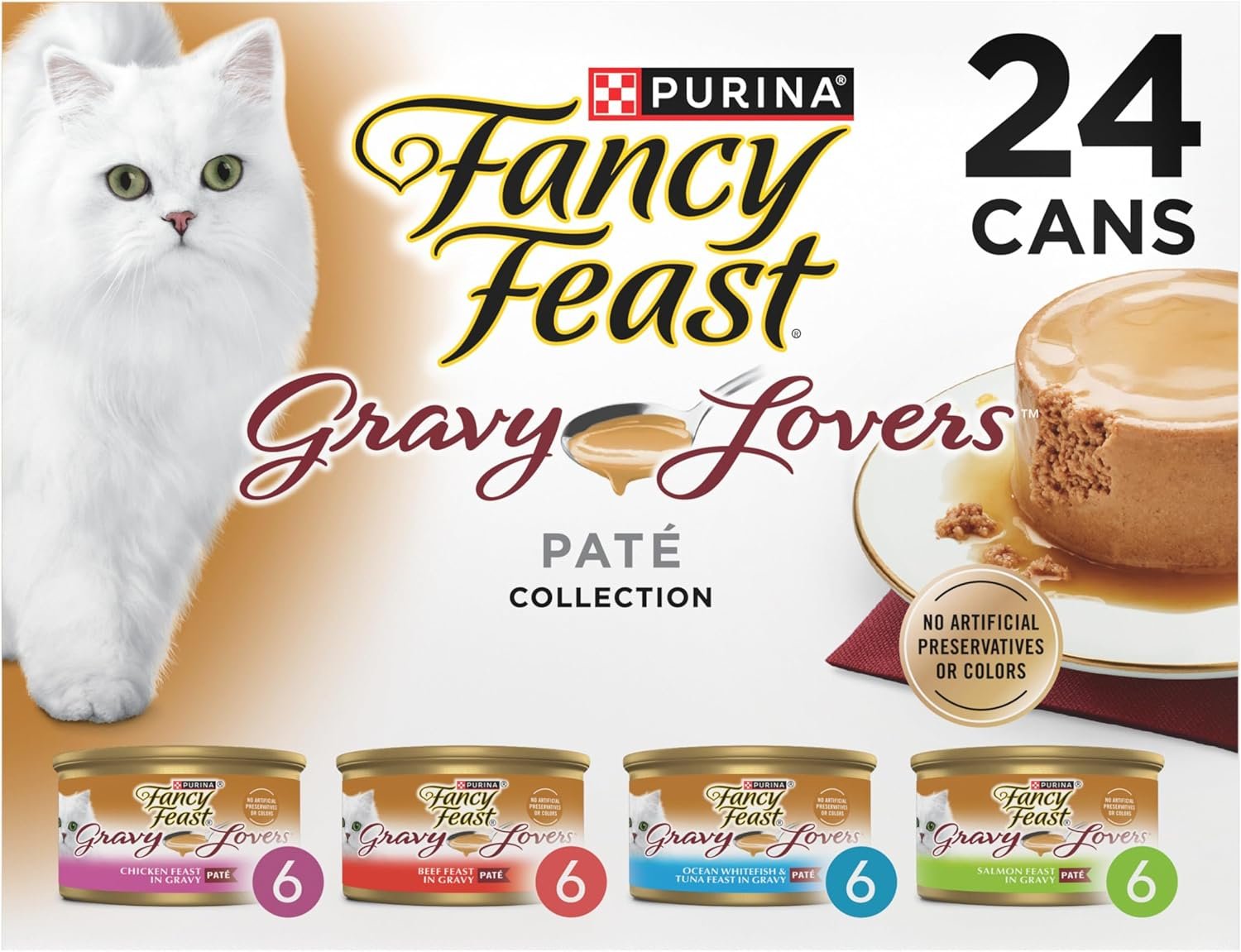 Purina Fancy Feast Gravy Lovers Wet Cat Food Variety Pack, 4.5 lb, 24 Pack | Pate in gravy recipies made with no artificial colors or preservatives, 100 percent complete and balanced nutrition