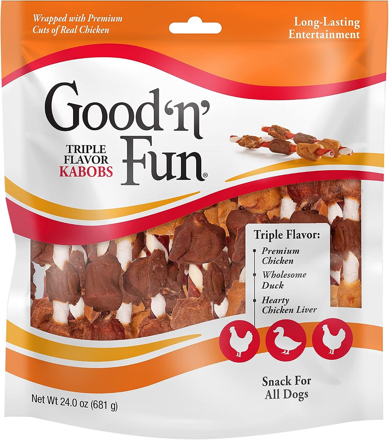 Good ‘n’ Fun Kabobs Long-Lasting Dog Treat Made With Real Protein, 24 oz | Premium Chicken, Pork and Beef Hide Chew, Supports Dental Health and Mental Stimulation, For Adult Dogs