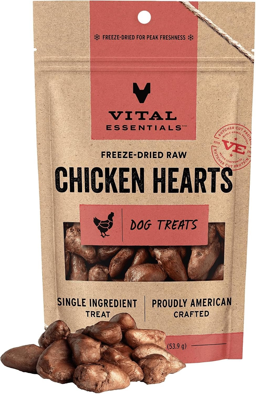 Vital Essentials Freeze Dried Raw Chicken Hearts Dog Treats, 1.9 oz Bag | Single Ingredient, Premium Quality Protein, Grain-Free, USA Made with U.S. & Globally Sourced Ingredients