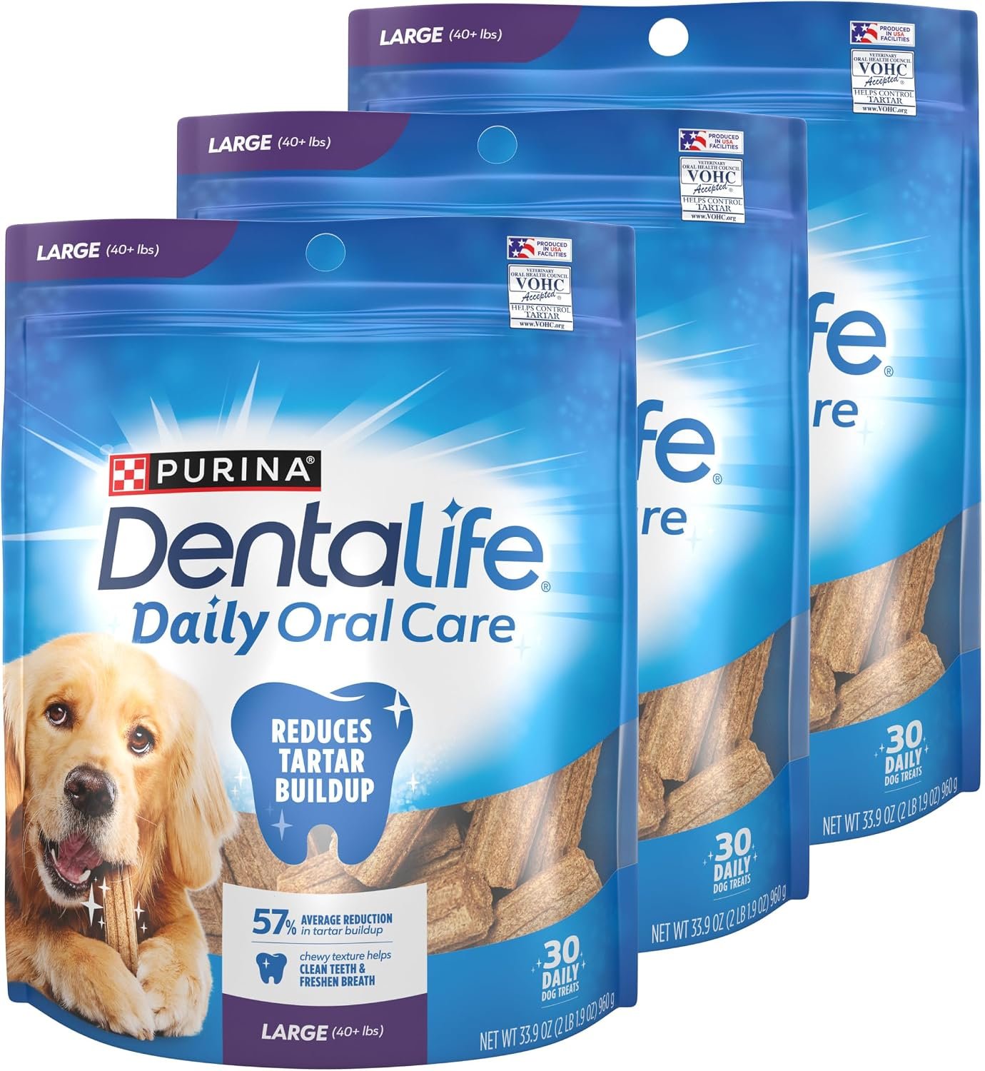 Dentalife Purina Daily Oral Care Dental Dog Treats for Large Dogs, 90 ct | For large dogs 40+ lbs, chicken-flavored dental chews that freshen breath and fight tartar buildup, made in the USA