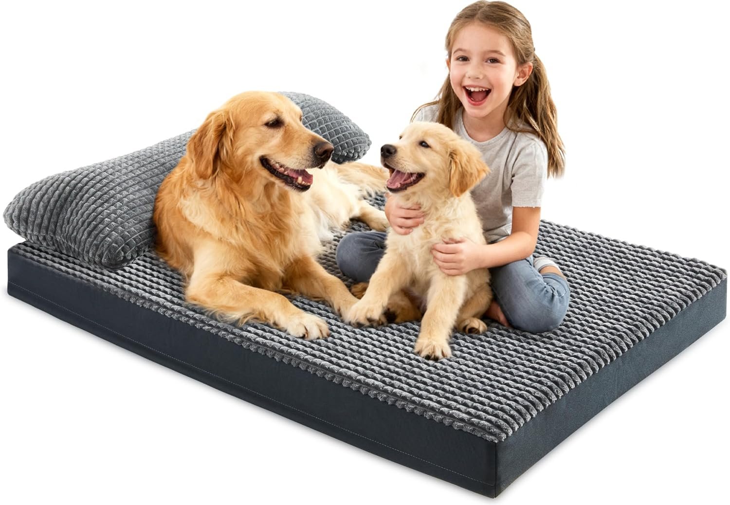 KISYYO Orthopedic L Dog Beds for Large Dogs with Removable Washable Cover and Removable Pillow for Crate,Waterproof Extra Large Dogs Mat, Grey, 35×23