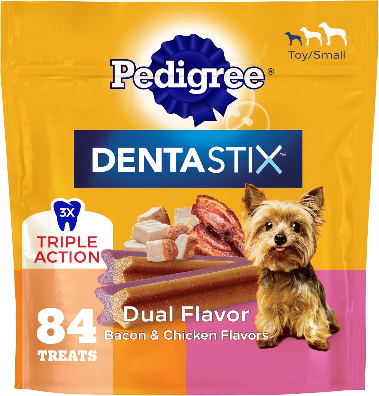 Pedigree Dentastix Small & Toy Dental Dog Treats, Bacon & Chicken, 84 Count | Triple action dental care, reduces tartar, cleans teeth, freshens breath, for dogs 7-22 lbs, no added sugar/fillers