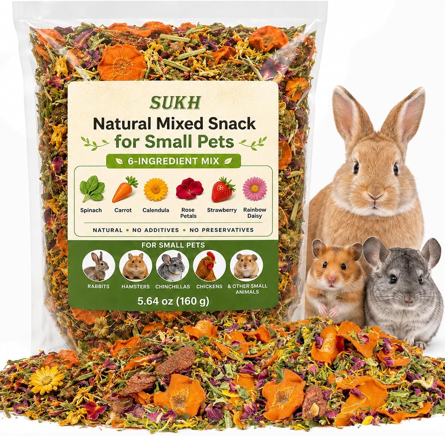 Sukh 5.64oz Natural Botanical Rabbit Treats for Guinea Pig & Hamster | 160g Healthy Natural Mixed Freeze Dried Vegetable,Flower & Fruit Hamster Treat for Bunny,Guinea Pig,Hamster,Chinchilla,Gerbil