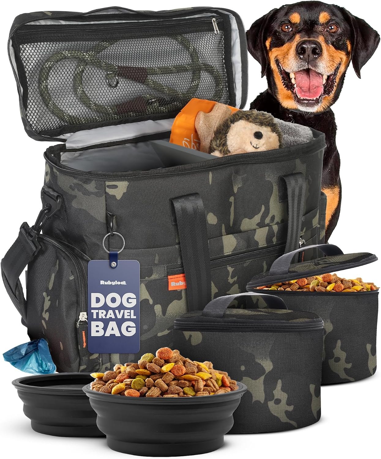 Original Doggy Bag™ Dog Travel Bag for Supplies with Travel Bowls | 2 BPA-Free Collapsible Bowls, 2 Pet Food Containers, TSA-Ready, Road Trips, Camping, Weekend Getaways, Doggy Gift, Camo