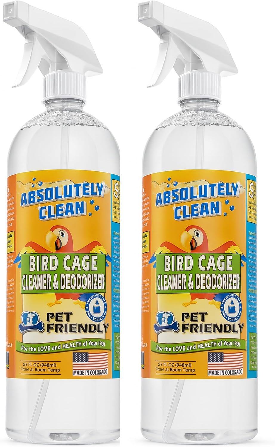 Absolutely Clean Amazing Bird Cage Cleaner and Deodorizer – Just Spray/Wipe – Safely & Easily Removes Bird Messes Quickly and Easily – Made in the US – Fragrance Free (32oz 2pack)