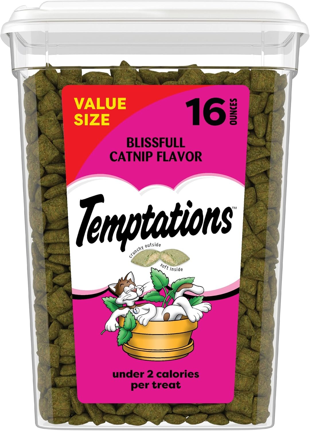 Temptations Classic Crunchy Cat Treats, Blissful Catnip, 16 oz | Under 2 calories per treat, crunchy outside & soft inside, resealable tub, snack or food topper, 100% complete & balanced