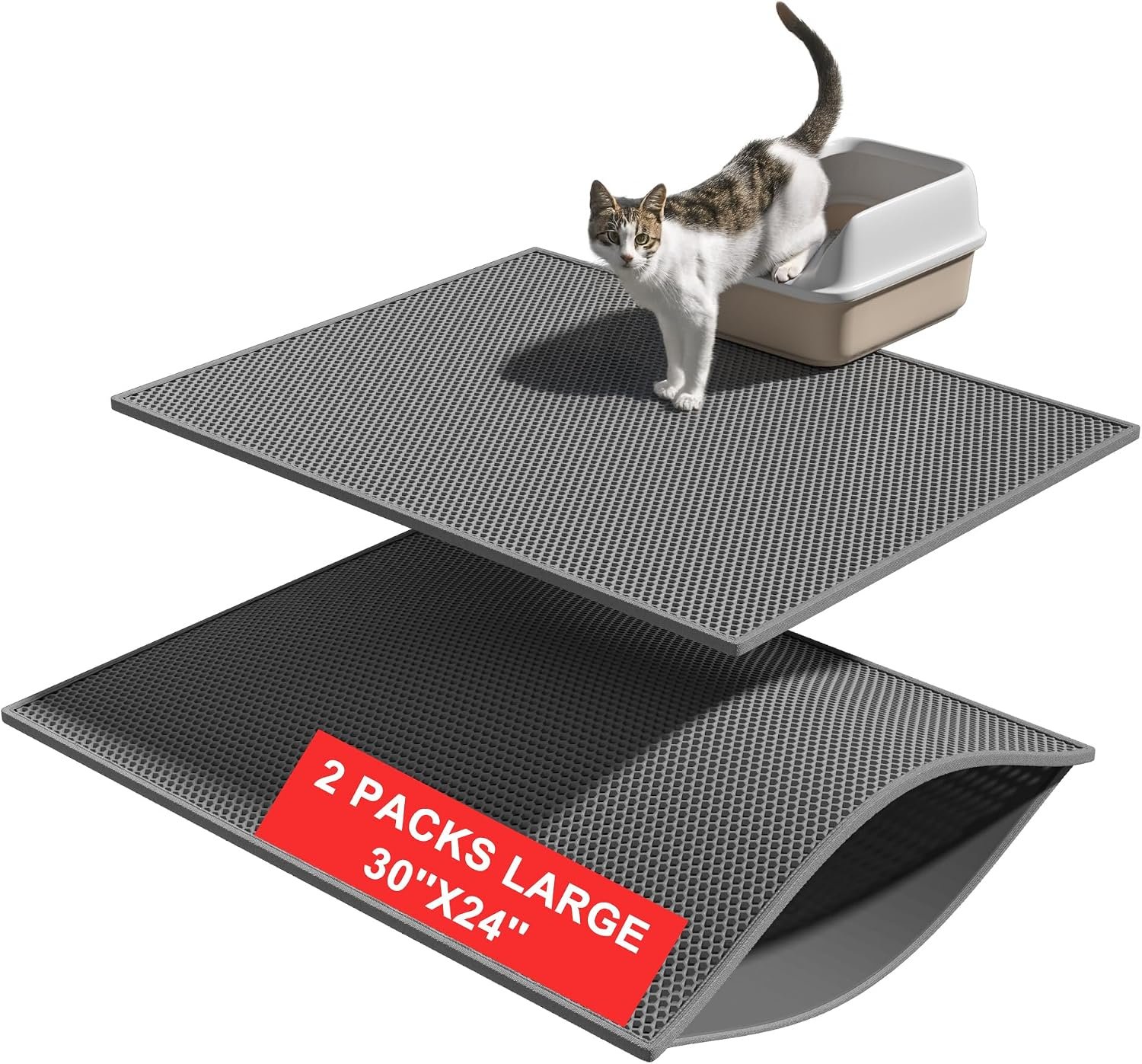 Pieviev 2 Packs Cat Litter Mat Double Layer Waterproof Urine Proof Trapping Mat (30”X24”, Gray) | Waterproof Urine Resistant Layer Litter Box Mat, Easy Collection, Soft on Kitty Paws, Gray Color for Indoor Cats