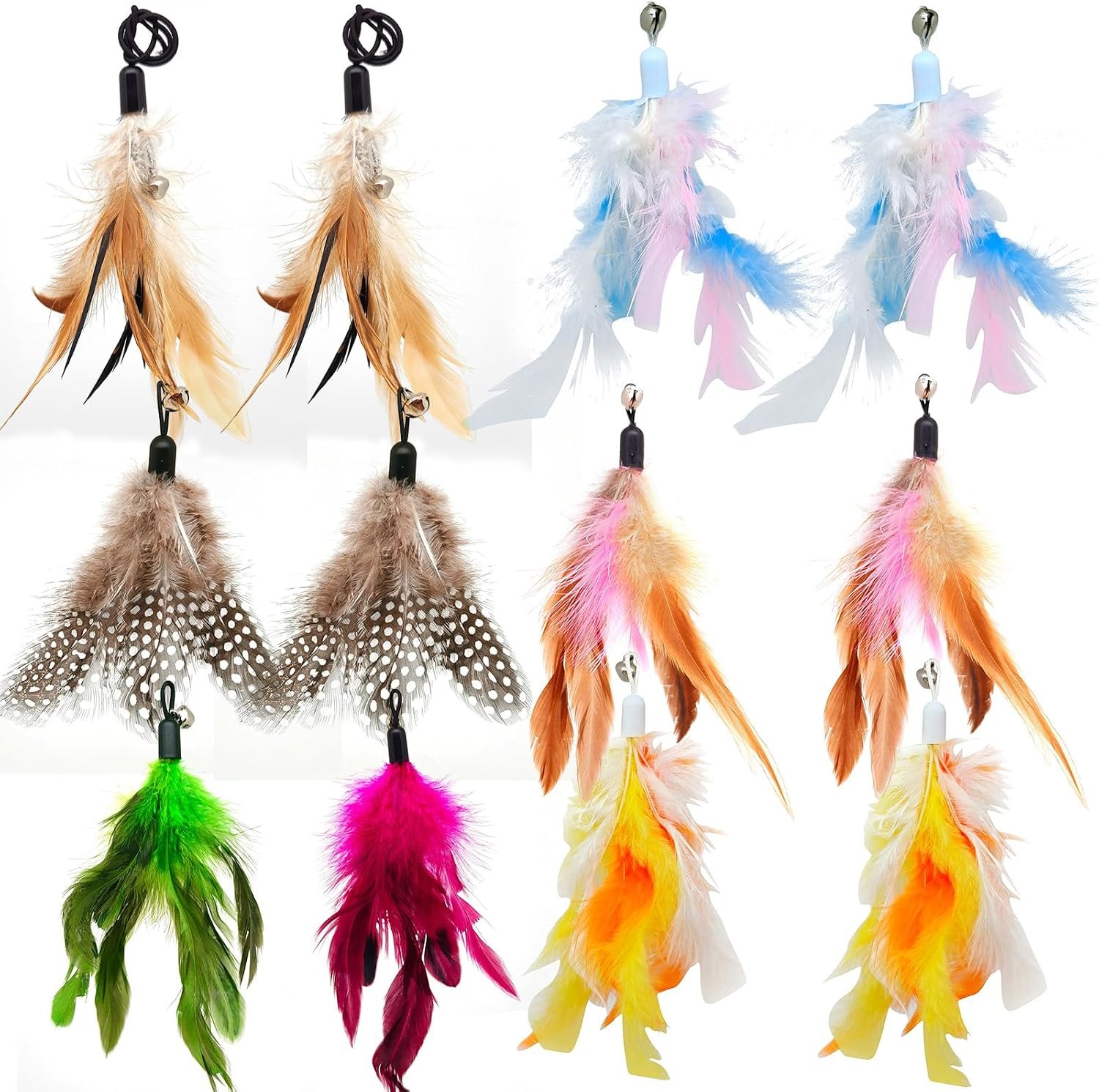 miwoowim 12 Pack Cat Wand Toy Refills with Bells, Teaser Toys Replacement | Natural Feather Attachments, Durable and Safe Cat Interactive Toy Accessories for Exercise and Play,Colorful Assorted Styles