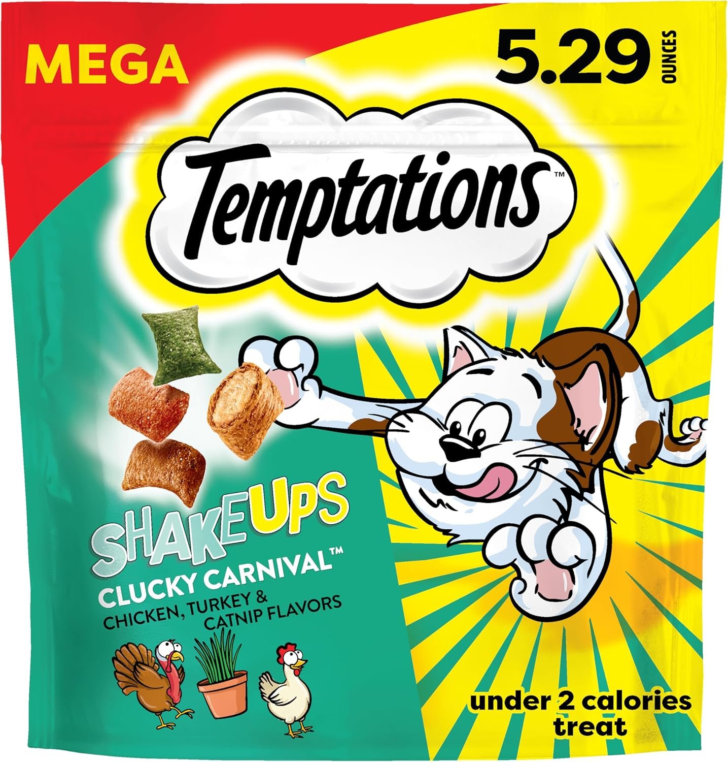 Temptations ShakeUps Crunchy Cat Treats, Clucky Carnival, 5.29 oz | 100% complete & balanced for adult cats, under 2 calories per treat, use as snack/meal/topper, resealable pouch