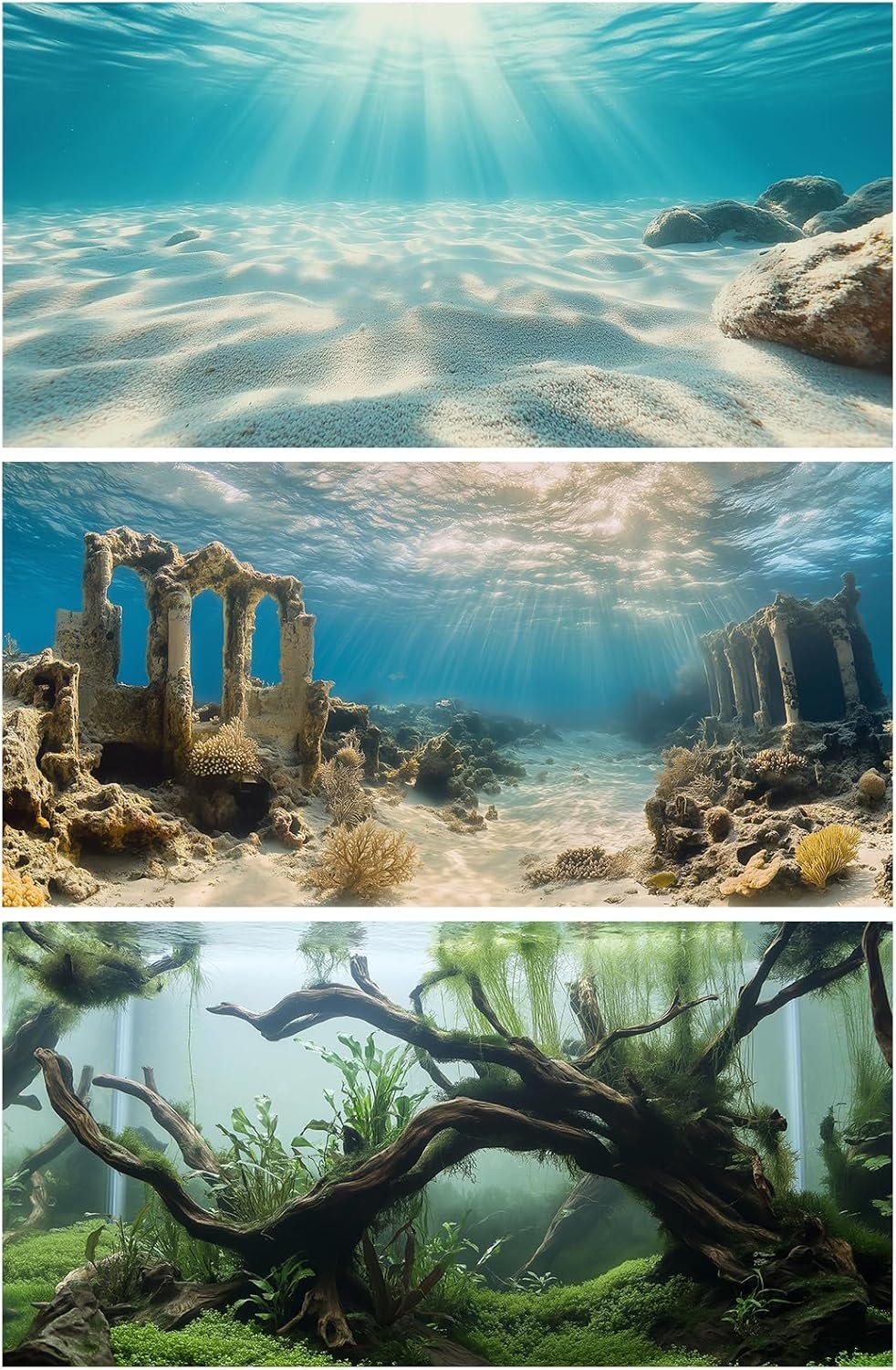 3 PCS Aquarium Background, 36×18 inch Polyester Fish Tank Background | Cloth Fish Tank Background, Undersea Ruins Floor Sunshines & Tree Wood Branches Aquatic Plants