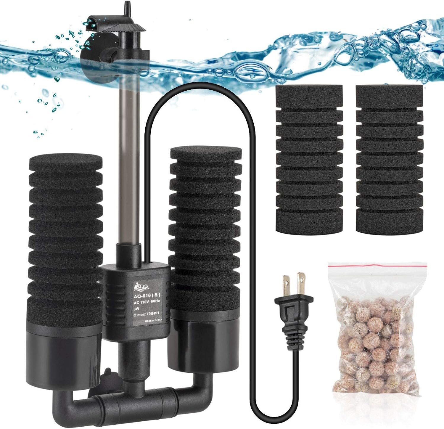 AQQA Aquarium Electric Power Sponge Filter,3W/5W Submersible Foam Filter | Sponges Bio Ceramic Media Balls Double Silence Filter For Saltwater Freshwater Fish Tank (S)