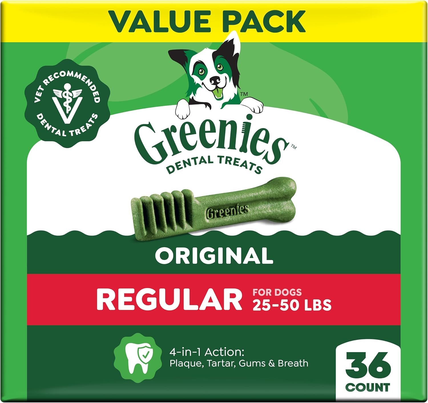Greenies Regular Dental Dog Treats, Original Chicken Flavor, 36 Count | Vet-recommended, cleaner teeth after 28 days, cleans to gumline, for dogs 25-50 lbs, original chicken flavor