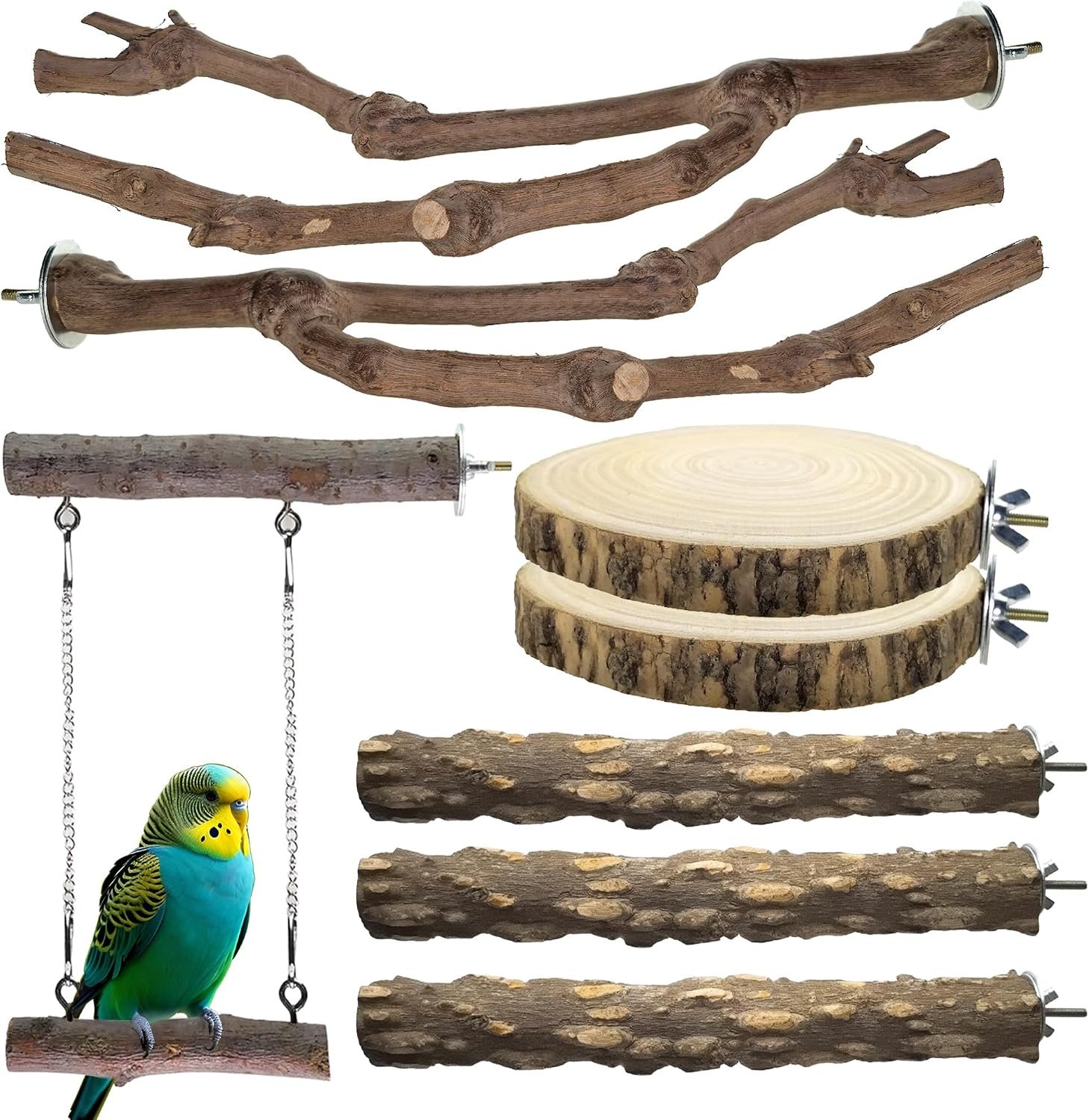8pcs Natural Bird Perches for Cage, 5.9“ Small Wood Bird Perch for Parakeet/Cockatiel, Bird Cage Stick, Bird Branches for Cages, Birdcage Accessories for Parrot Conure