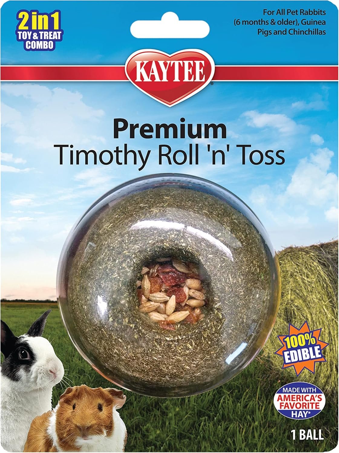 Kaytee Timothy Roll ‘n’ Toss Toy and Treat for Pet Rabbits, Guinea Pigs, and Chinchillas