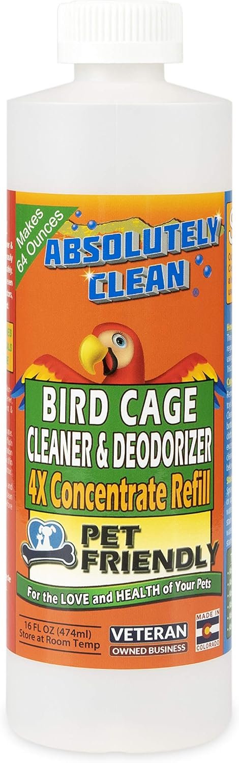Absolutely Clean Amazing Bird Cage Cleaner and Deodorizer – Just Spray/Wipe – Safely & Easily Removes Bird Messes Quickly and Easily – USA Made – Fragrance Free (4X Concentrate – 16oz Makes 64oz)