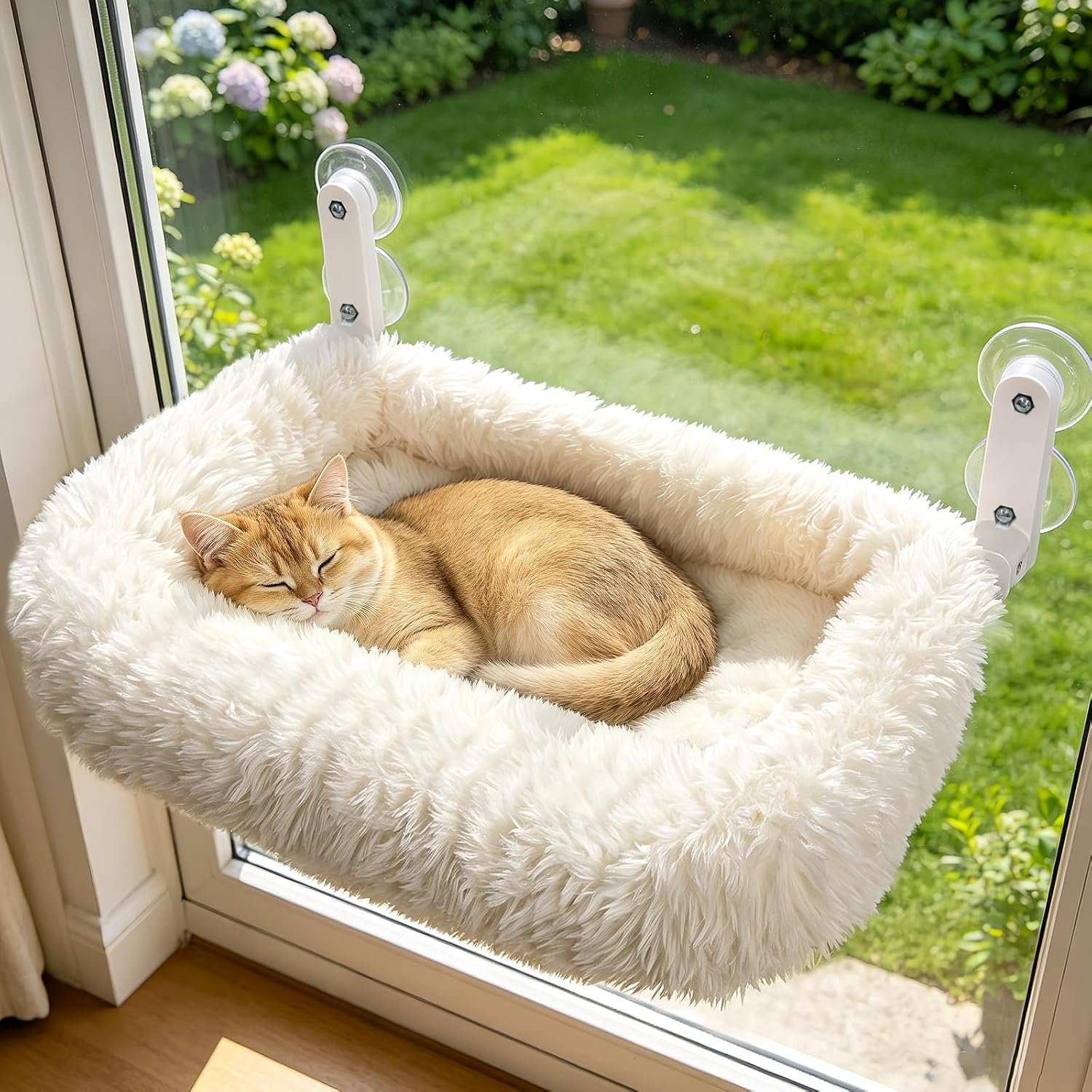 Zoratoo Extra-Thick Cushion Cat Window Perch, Foldable Cat Bed, White | Fluffy Long-pile Bolster, Machine Washable, Cordless Pet Hammock with Sturdy Metal Frame for Cats of All Breed