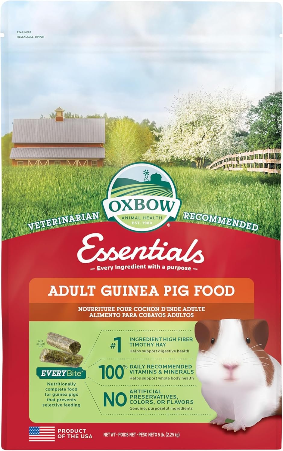 Oxbow Essentials Adult Guinea Pig Food, Timothy Hay Pellets, USA, 5 lb | Guinea Pig Pellets, Vitamin C For Guinea Pigs, Stabilized, High Fiber, Made in USA, Uniform Food, Prevents Selective Feeding