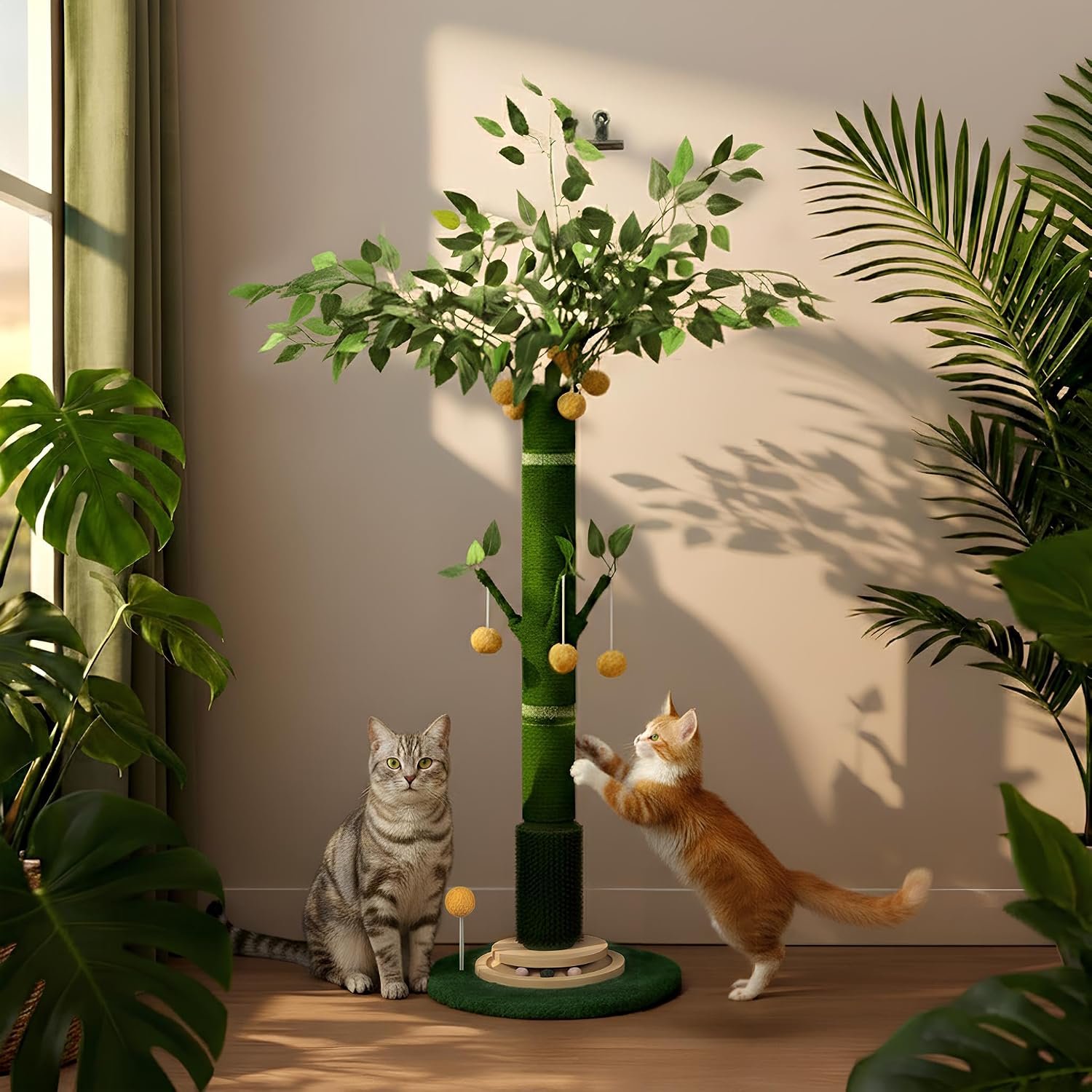 46″ Extra Tall Cat Scratching Post for Large Cats, Sisal Rope | Heavy duty vertical sisal scratcher & stable climbing pole with hanging ball, tall post for adult cats full body stretch