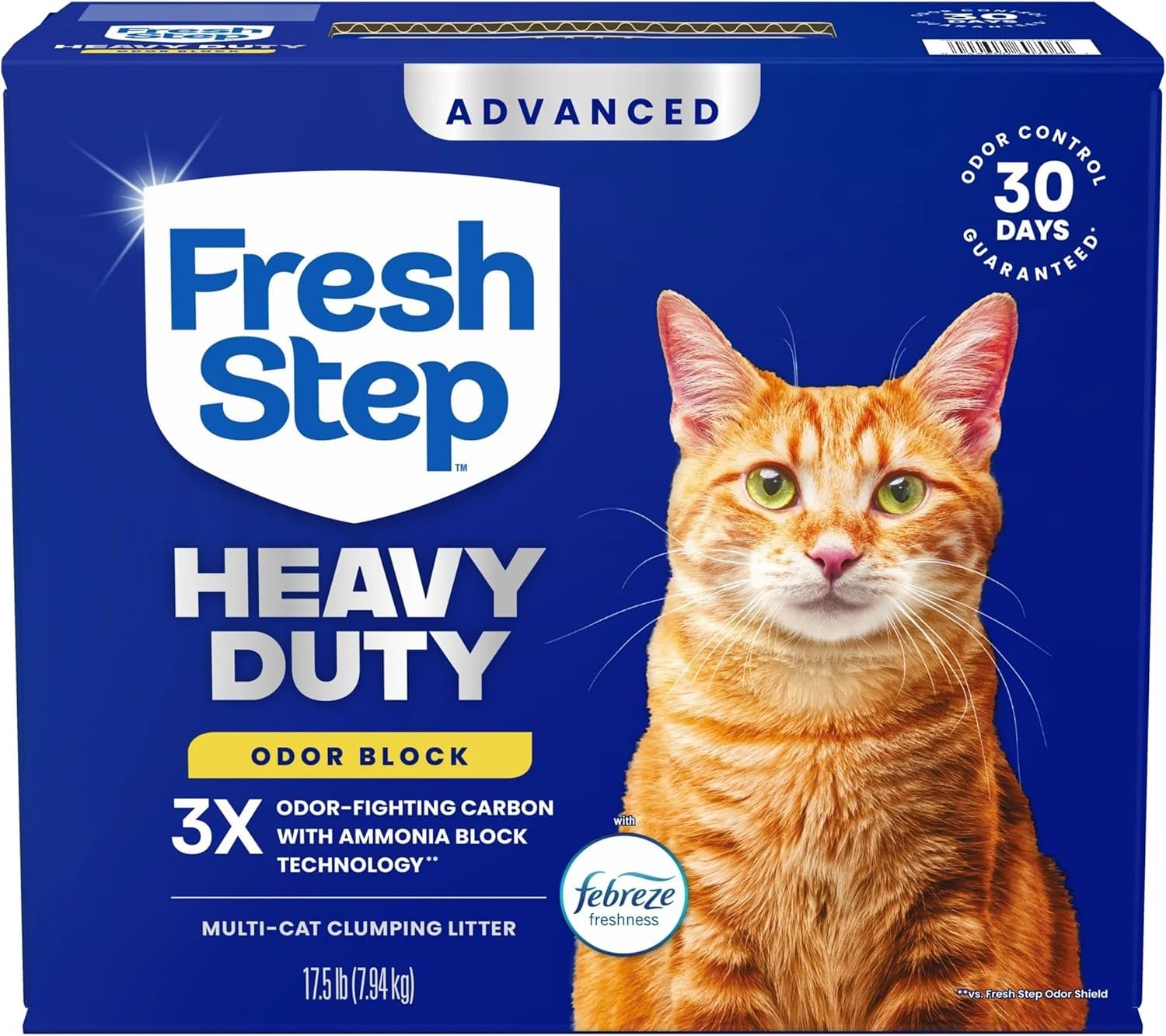 Fresh Step Advanced Heavy Duty Multi Cat Clumping Cat Litter with Febreze Freshness, Low Dust, Odor Control with Ammonia Block Tech, Compatible in Automatic Litter Boxes, 17.5 lb | Heavy Duty, Odor Control, 3X Odor-Eliminating Carbon, Ammonia Block Technology, Compatible with Most Auto Litter Boxes