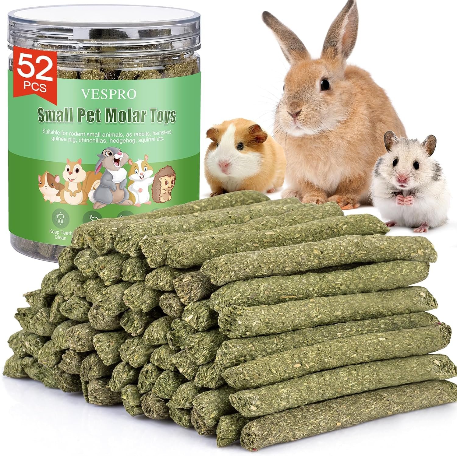 52Pcs Rabbit Chew Sticks, Guinea Pig Toys, Natural Timothy Hay Teeth Stick | Timothy Grass Molar Teeth Stick, Guinea Pig Timothy Hay, Chew Toys for Bunny, Rabbits, Hamsters, Small Animals Treats