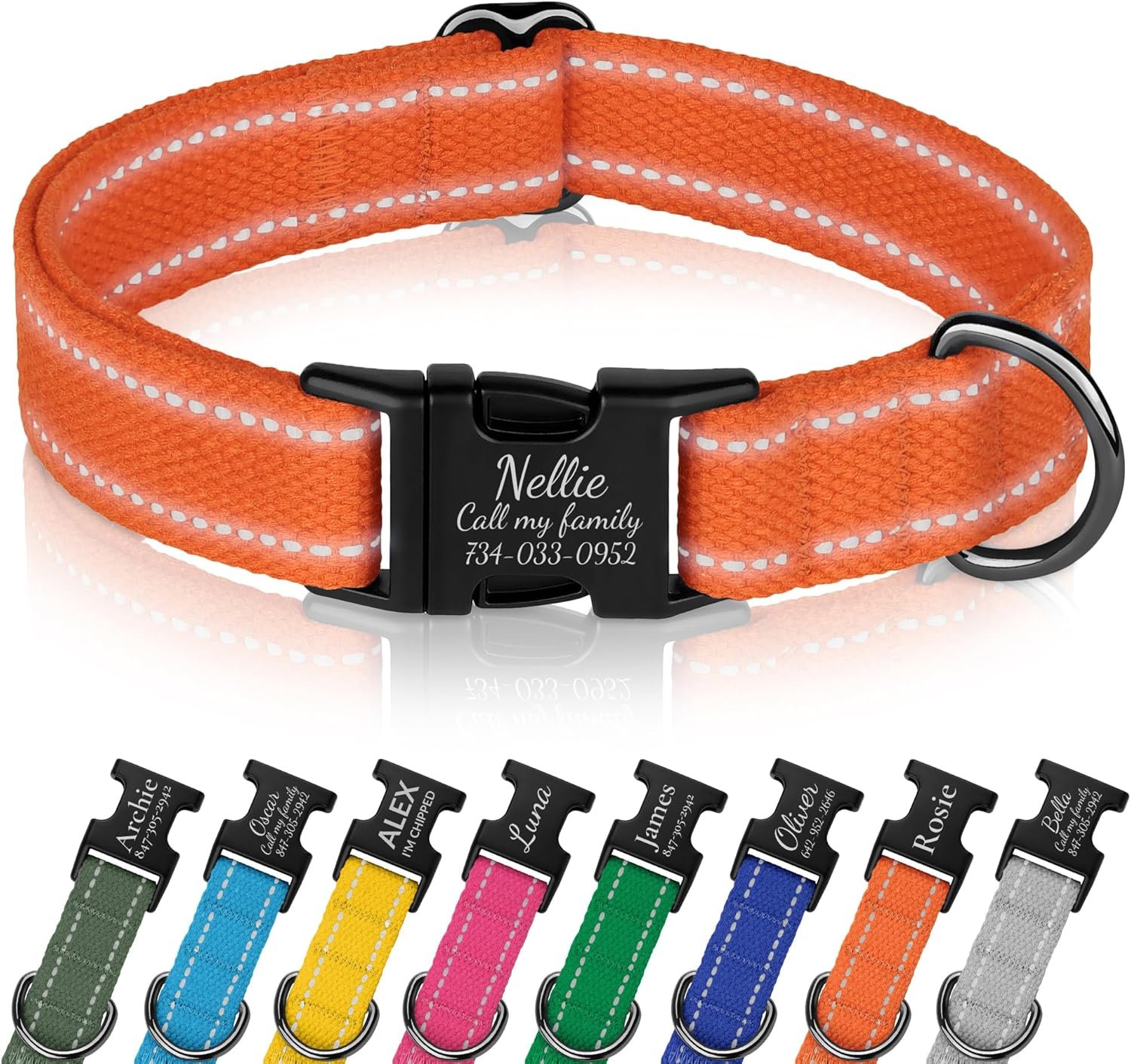 Personalized Dog Collar with Engraved Metal Buckle Reflective Cotton Custom Collar for Dogs Puppy with Name and Phone Number 8 Colors, 4 Sizes (Orange, L, 15″-19″)