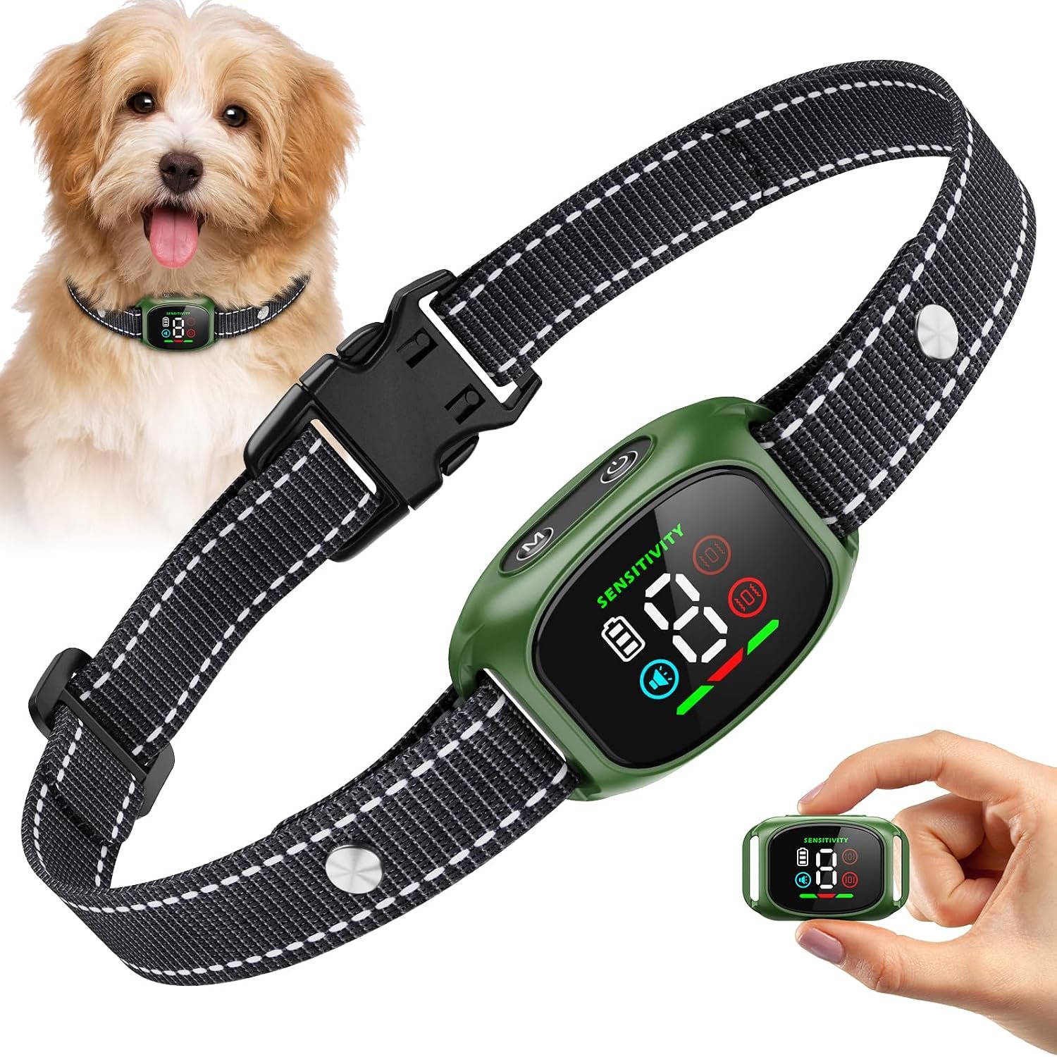 Bark Collar for Small Dogs 5-18lbs, No Shock Anti Barking Collars-Beep Vibration & 8 Sensitivity Levels, Smart Bark Detection Waterproof Humane Stop Barking Dog Control Device, Magnetic Charging Green
