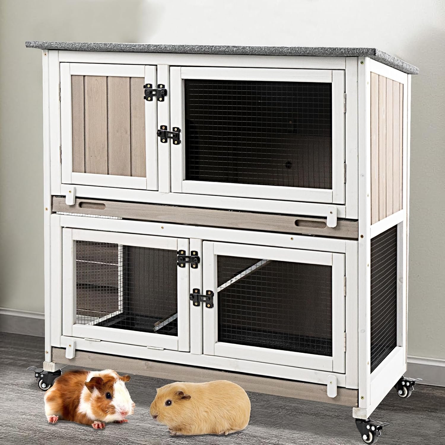 36″ L Guinea Pig Cages Wooden, 2 Story Rabbit Cage Indoor Guinea Pig Habitat on 4 Metal Wheels and 2 Deeper Pull-Out Trays, Ramp, Leak Proof Guinea Pig Cages Indoor Small Animal Cage, Grey
