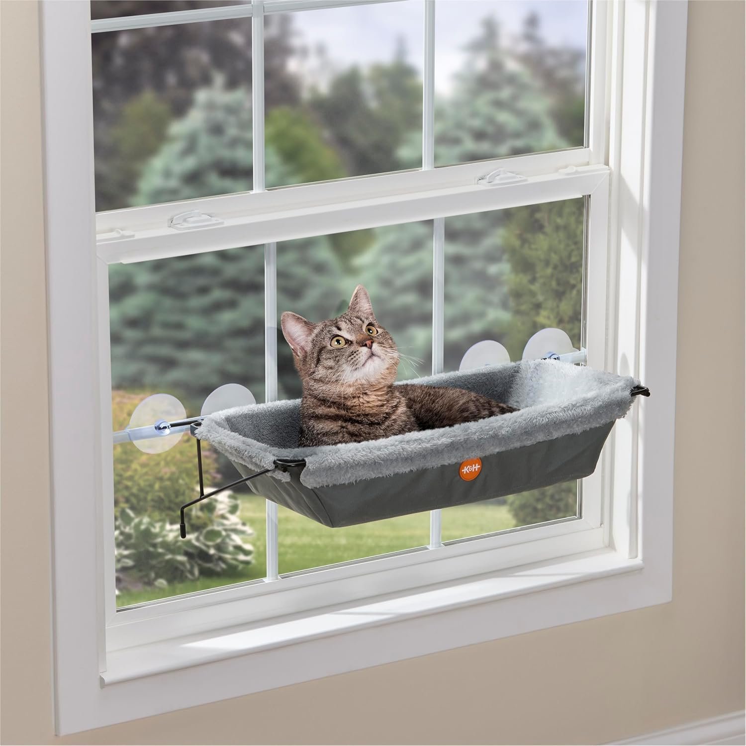 K&H Cat Window Perch, EZ Mount Cat Window Hammock, Holds 50 lbs, Gray | Sturdy Kitty Sill Seat, Strong Suction Cups, Metal Frame, Space-Saving Cord-Free Design, Indoor Window Bed, 23x12x9in