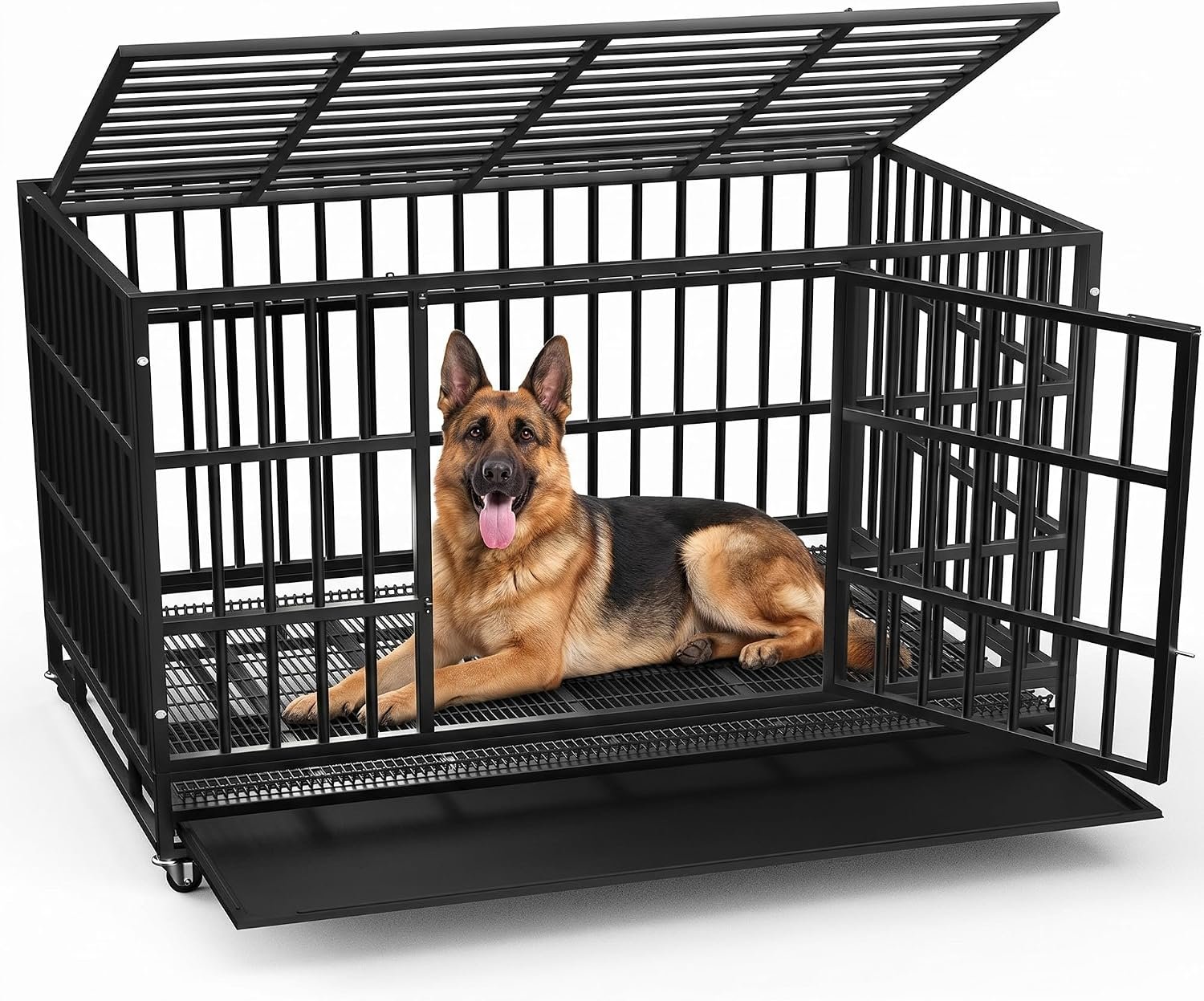 LEMBERI 48″ Heavy Duty Dog Crate for Large Dogs, Black | Indestructible escape-proof cage kennel for high anxiety dogs, with removable wire trays & lockable wheels