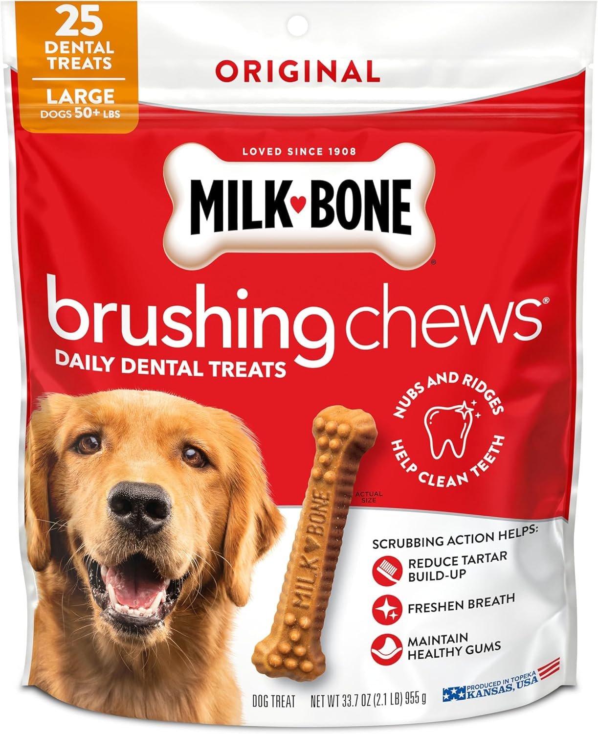 Milk-Bone Brushing Chews Large Daily Dental Dog Treats, 33.7 oz Bag | 25 treats, chicken flavored, VOHC accepted dental chews, helps clean teeth and freshen breath, for large dogs 50 lbs and up