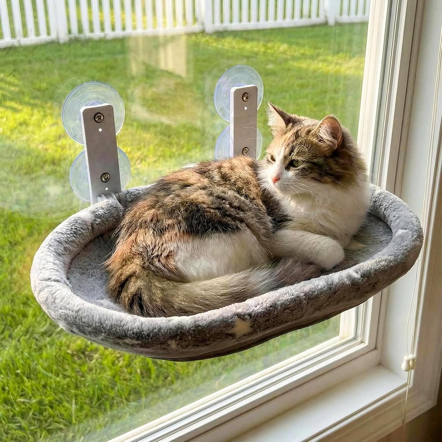 Cat Window Perch Hammock – Glow in the Dark Cordless Foldable Pet Bed with Sturdy Metal Frame & Strong Suction Cups, Star Print Resting Seat for Indoor Cats with Removable Washable Cover