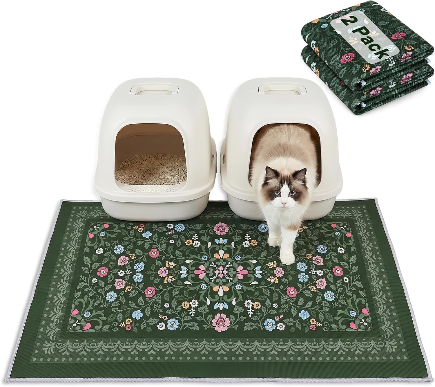 Bienbee Cat Litter Mat, 2 Pack 33″ x 22″ Machine Washable for Litter Boxes | Cat Litter Rug with Waterproof Backing, Non-Slip Grip and Soft On Kitty Paws to Catch Litter and Protect Floor
