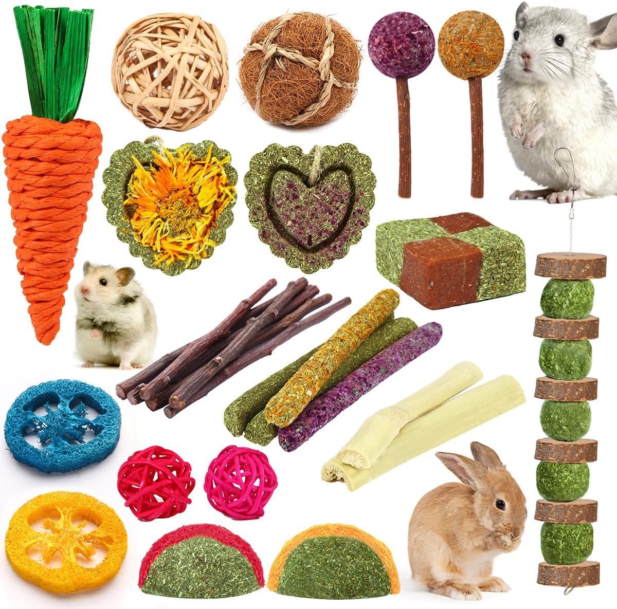 YIXUND Rabbit & Guinea Pig Toys – Natural Timothy Hay & Apple Wood Sticks for Teeth Care – Handmade for Hamster, Bunny, Chinchilla (27 Pcs)