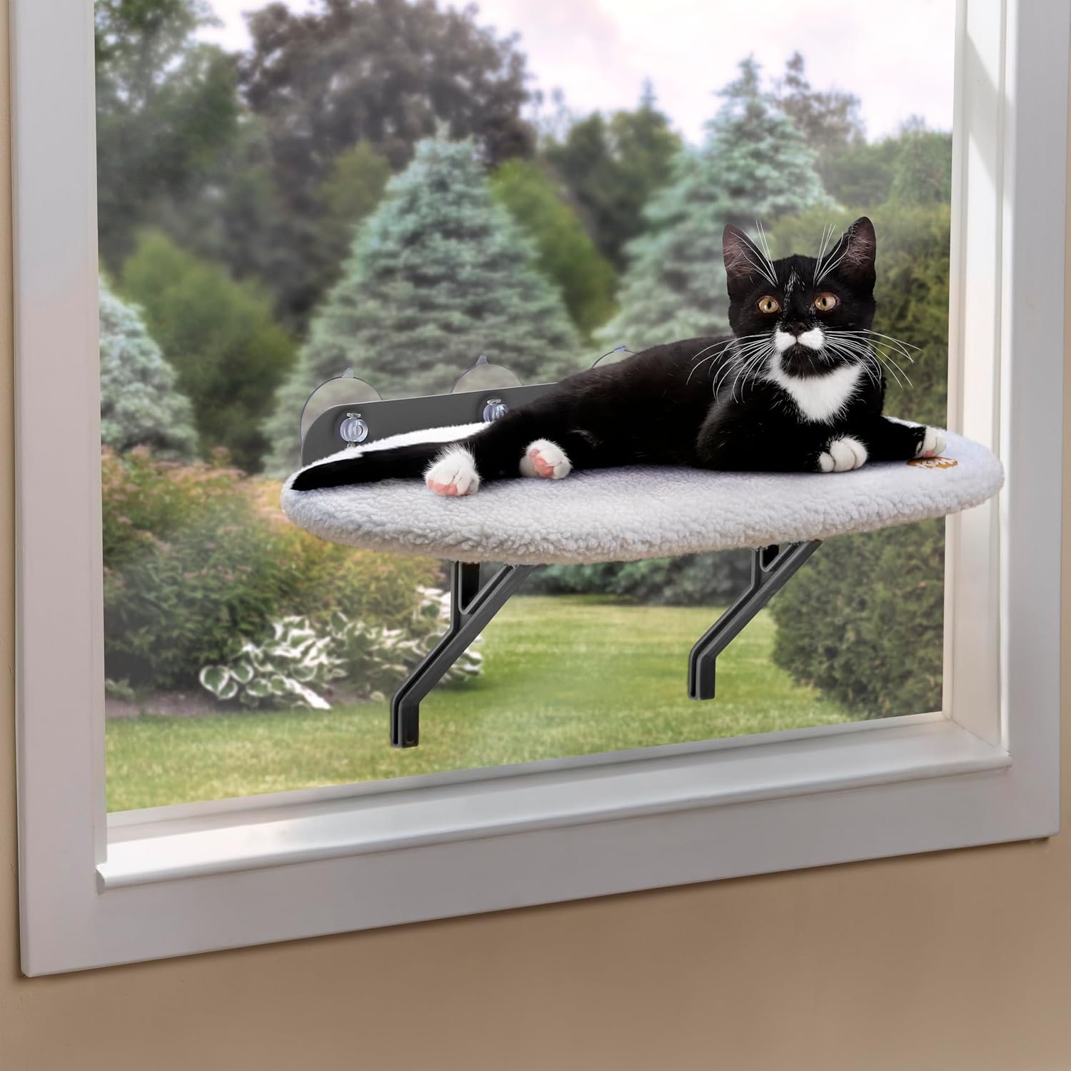 K&H Cat Window Perch, Universal Mount Bed for Large Cats – 24x14in Fleece | Orthopedic Cat Window Hammock Holds 60 lbs, Sturdy Suction Cups, Washable Cover, Indoor Window Bed
