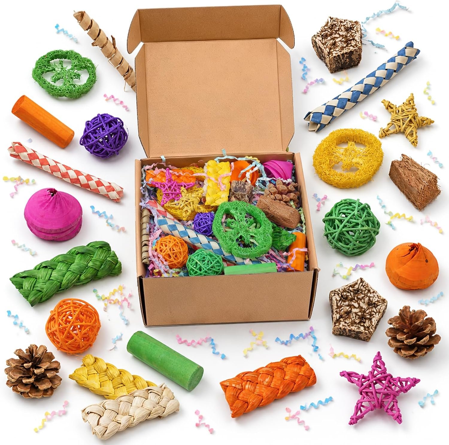 Bird Foraging Toys Box,26pcs Colorful Shredding & Chewing Toys | Small to Medium Parrots |13-in-1Bird Toy Set|No-Toxic Materials|Plant-dyed|Beak Care|Enrichment for Parrots｜Gifts for parrots