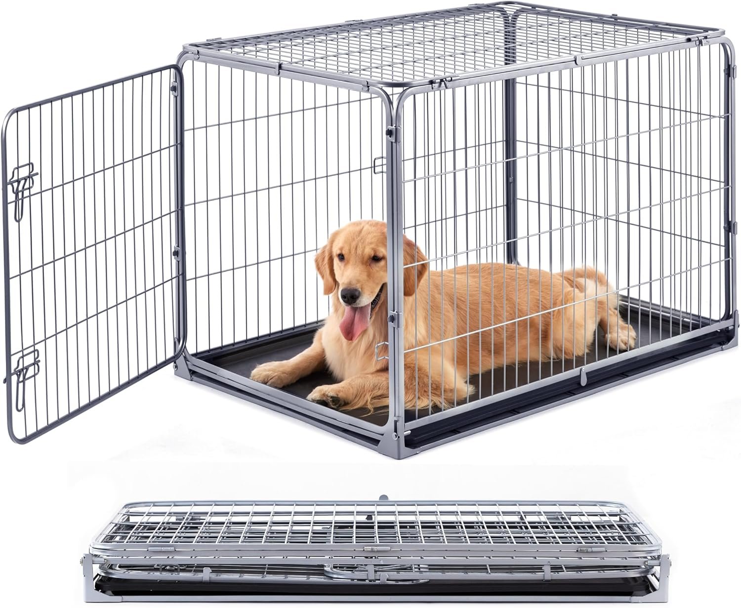 ZOMISIA Collapsible Dog Crate for Large Dogs – 42 inch Escape Proof Metal Dog Kennel with Double Door, Easy Assembly Foldable Dog Cage with Removable Tray, Indoor Outdoor Use, Silver Gray