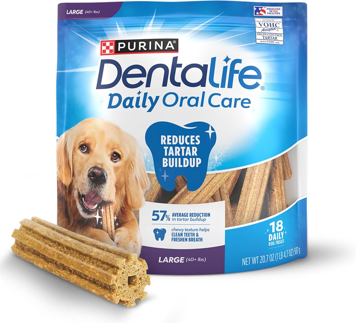 Dentalife Purina Daily Dental Chews for Large Dogs, 18 ct Pouch | Chewy, ridged texture in a tasty chicken flavor, proven to reduce tartar buildup and help freshen breath, made in the USA