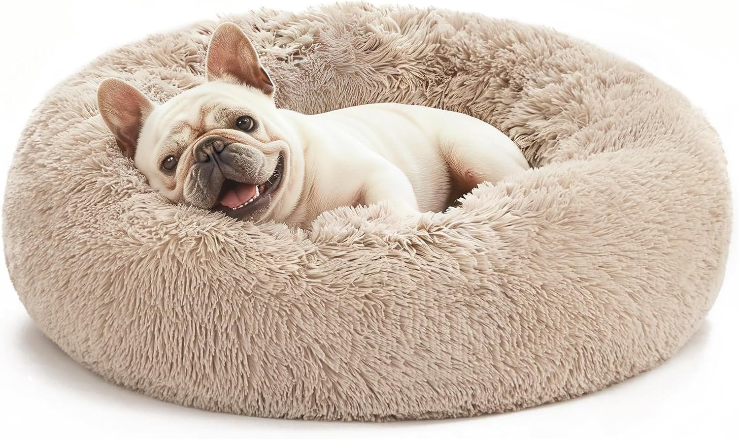 Love’s cabin Calming Dog & Cat Bed, Cat Bed for Indoor Cats, Anti-Anxiety Donut Round Bed, Fluffy Warming Pet Bed for Small Medium Dogs and Cats, Beige Taupe 20″/24″