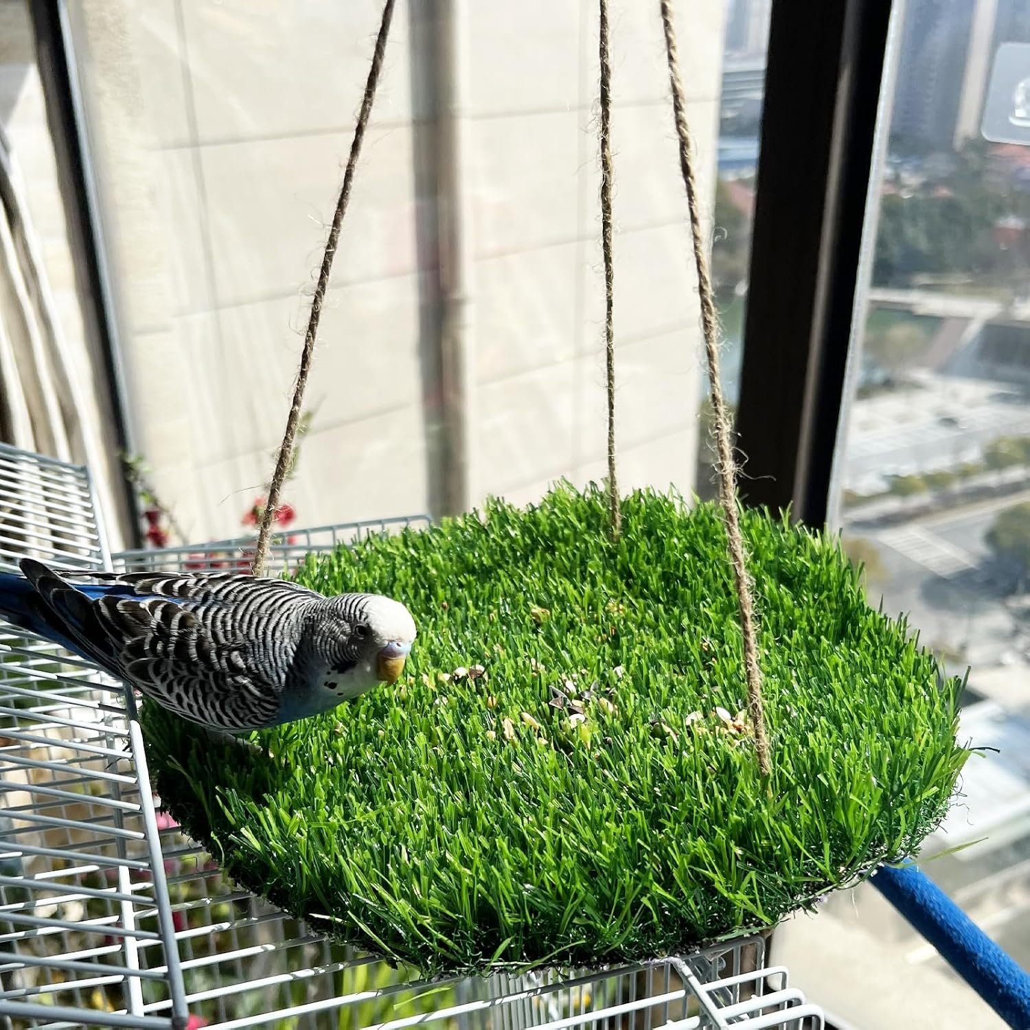FlidRunest Large Bird Foraging Mat Toys, Natural Bird Grass Hammock Swing Toy with Hooks, Climbing Perch Hanging Toy for Parakeets, Parrot, Cockatiels, Bearded Dragon, Snake