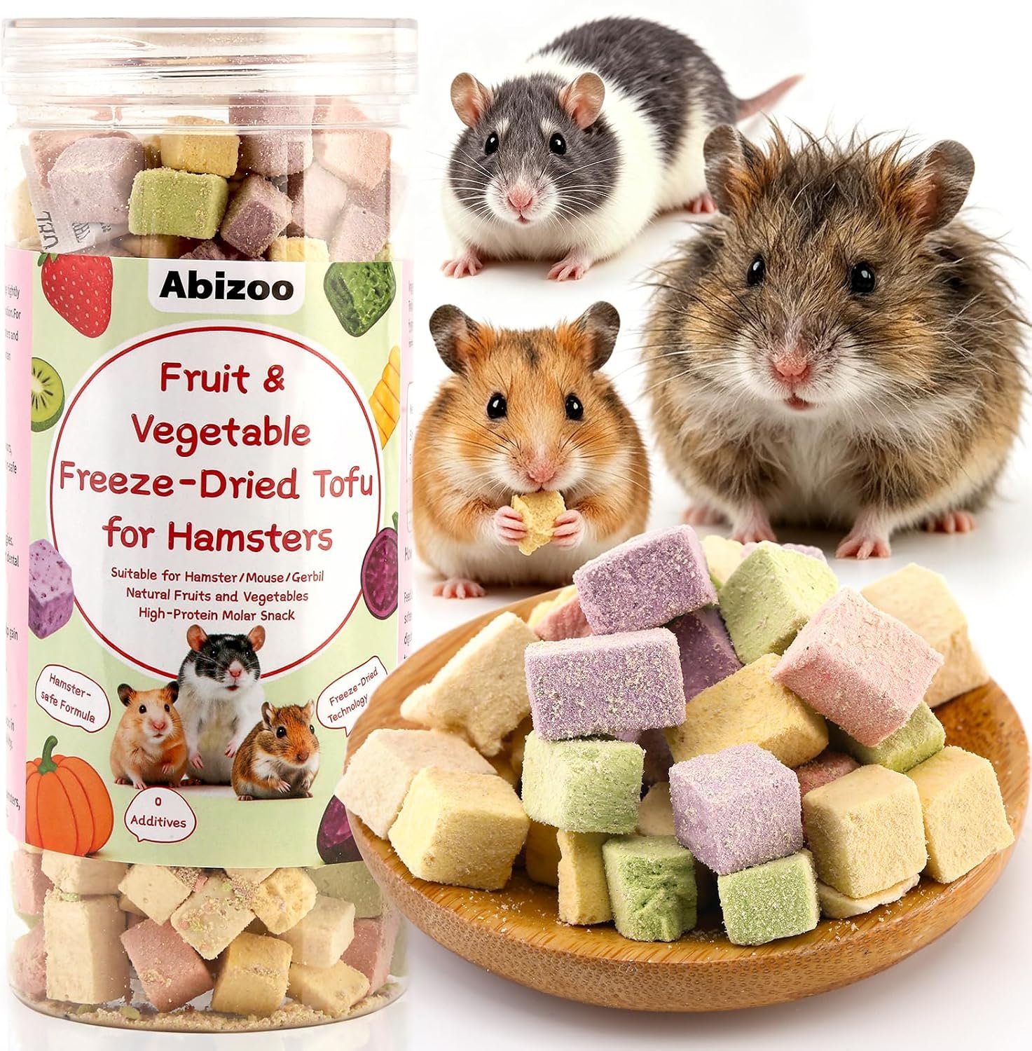 Abizoo Hamster & Rat Healthy Treats, Crispy Snacks Fruit and Vegetable Mix for Dwarf Hamsters, Golden Syrian Hamsters, Gerbils, Rats, Mice, Vitamins Supplement Supports Bones and Immune Health