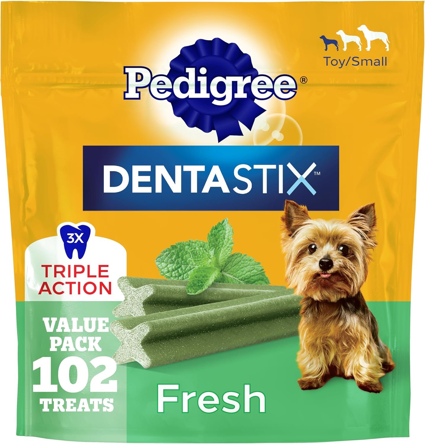 Pedigree Dentastix Small & Toy Breed Dental Dog Treats, Fresh, 102 Count | Triple action dental care, reduces tartar, cleans teeth, freshens breath, for dogs 7-22 lbs, no added sugar/fillers